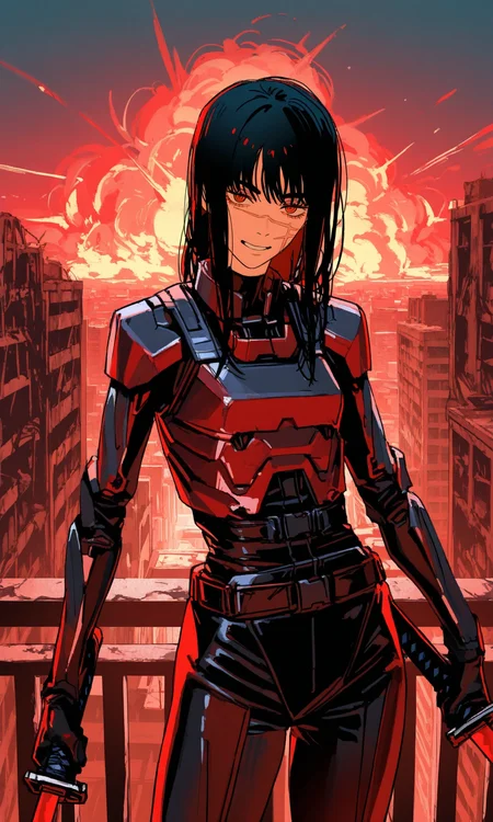 red eyes, 1girl, yoru \(chainsaw man\), long hair, scar on face, ringed eyes, (cyberpunk:1.2), (science fiction:1.2), black bodysuit, armor, shoulder pads, katana, dual wielding, holding katana, black gloves, science fiction, balcony, serious, (\(mushroom cloud\):1.15), explosion, smoke, (city:1.15), ruins, laughing, crazy, looking at viewer, red theme, cowboy shot, leaning back, small breasts, (mature female:0.5), (masterpiece, best quality, very awa:1.0)
