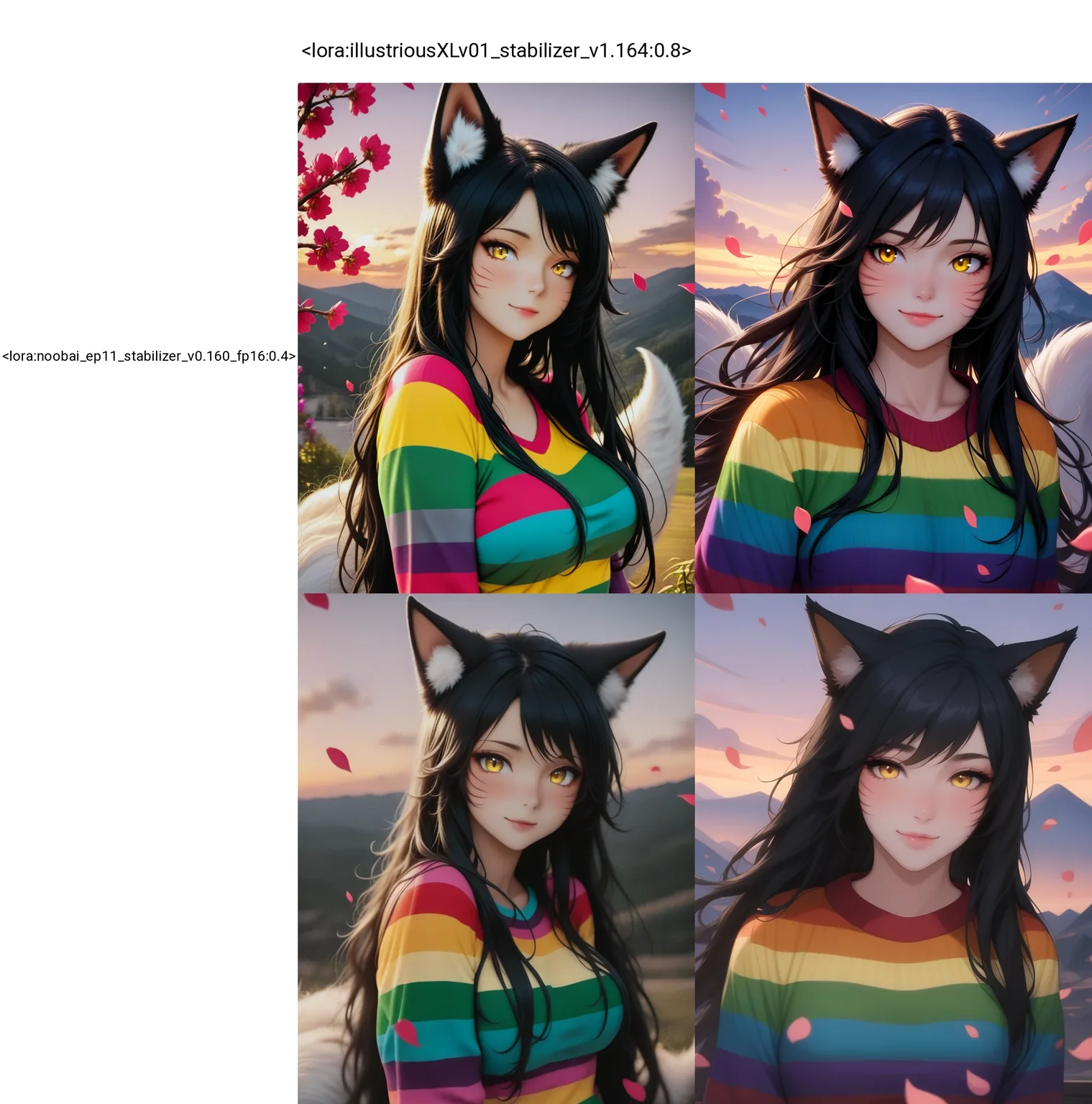 <lora:illustriousXLv01_stabilizer_v1.164:0.8><lora:noobai_ep11_stabilizer_v0.160_fp16:0.4>1girl,ahri,yellow eyes,black hair,long hair,rainbow sweater,upper body,portrait,light smile,falling petals,mountainous horizon,dusk,cloud,masterpiece,