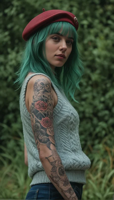 Stable_Yogis_PDXL_Positives score_9,score_8_up,score_7_up ,1girl,hipster,wool beret,sweater,neon green hair,vest,tattoos,highly detailed,detailed skin,depth of field,film grain,.igbaddie