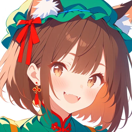 1girl,
solo, mob cap, brown eyes, looking at viewer, animal ears, portrait, animal ear fluff, brown hair, chinese clothes, extra ears, ribbon, hat, fangs, white background, red ribbon, single earring, smile, :d, neck ribbon, earrings, jewelry, blush, short hair, simple background, open mouth, cat ears, green hat,
masterpiece, best quality, safe
<lora:mki-ani31-TMND-v2-000050:1> <lora:outline_xl_end:-3>