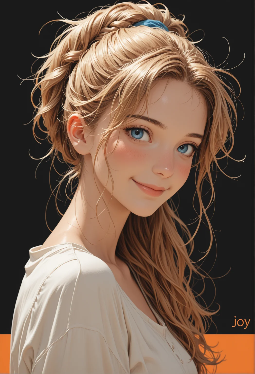 masterpiece, detailed_eyes, high_quality, best_quality, highres, subject_focus, depth_of_field,
woman, blue_eyes, blonde, brown_hair, asymmetrical_bangs, messy_hair, ponytail, joy, messy_hairdo, hair_over_eyes, long_hair, french_braid, blue_eyes, blush_smile, gentle_smile, blush, looking_at_viewer,
black_background, border_frame, orange_background, geometrical