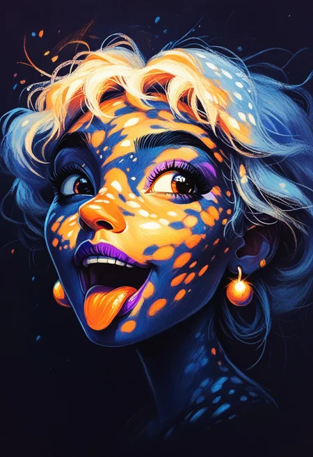 score_9, score_8_up, score_7_up, score_6_up, 1girl, ((happy, happy face, open mouth)), tongue out, white hair, teenager, beautiful, dappled moonlight, purple lipstick, earrings, dark eyeliner, gold light shafts, dark purple background, portrait, cool color palette, s1_dram, ncpy13 style, pastels drawing