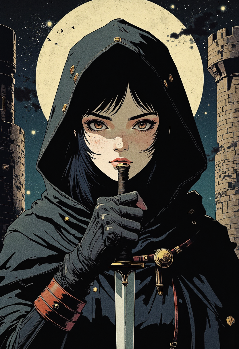 Image is an extreme close up digital fantasy artwork featuring female theif in dark medieval clothing. She has pale skin with short black hair. She's wearing a black medieval tunic with a black medieval hood. she's holding a dagger in her hand near her face. The clothing is plain and inconspicious. The background is of a castle keep, nighttime, lock box, lock picks,