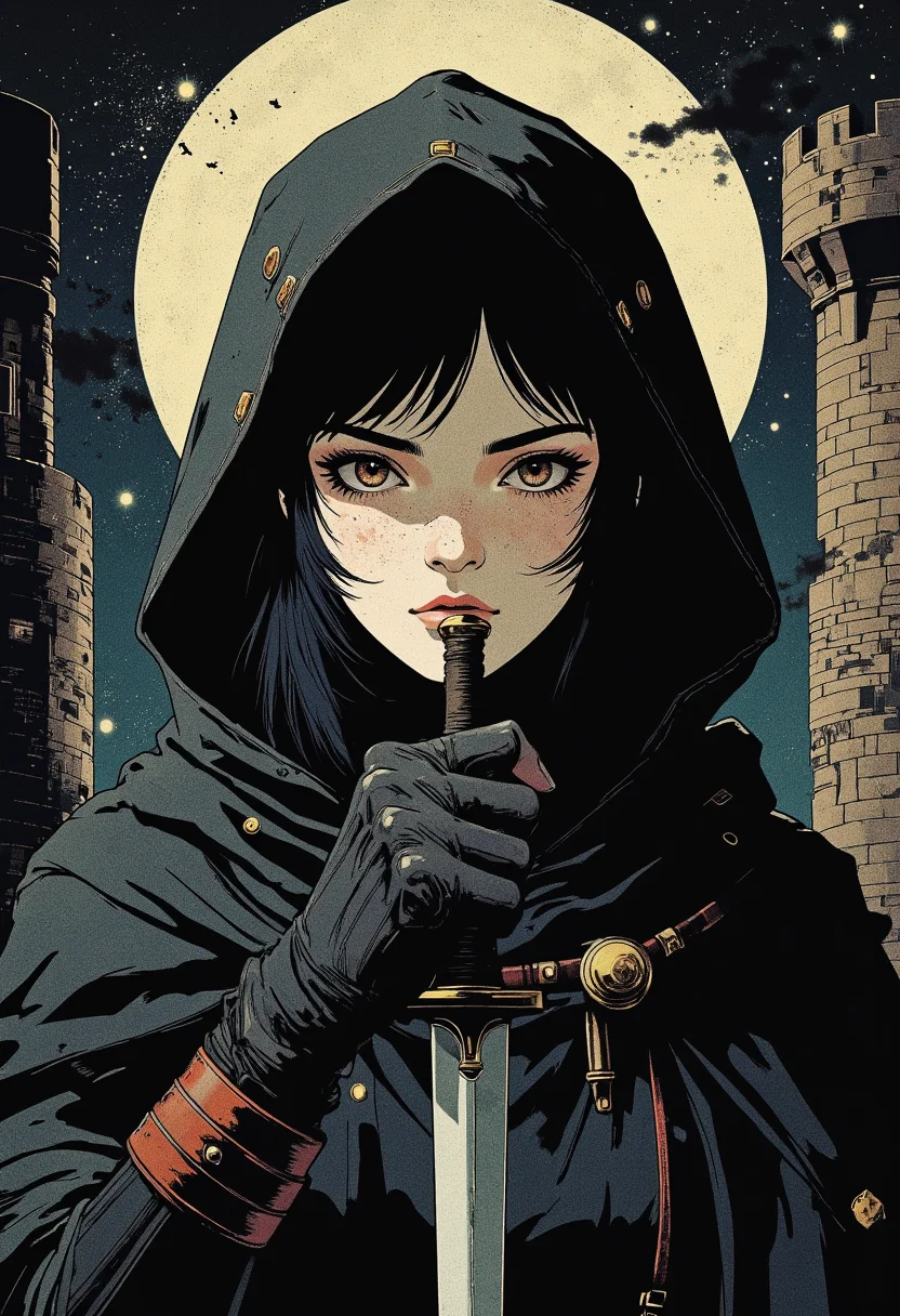 Image is an extreme close up digital fantasy artwork featuring female theif in dark medieval clothing. She has pale skin with short black hair. She's wearing a black medieval tunic with a black medieval hood. she's holding a dagger in her hand near her face. The clothing is plain and inconspicious. The background is of a castle keep, nighttime, lock box, lock picks,