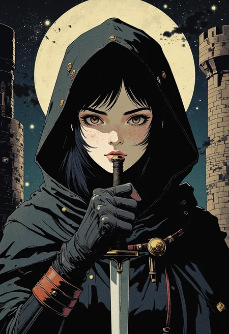 Image is an extreme close up digital fantasy artwork featuring female theif in dark medieval clothing. She has pale skin with short black hair. She's wearing a black medieval tunic with a black medieval hood. she's holding a dagger in her hand near her face. The clothing is plain and inconspicious. The background is of a castle keep, nighttime, lock box, lock picks,