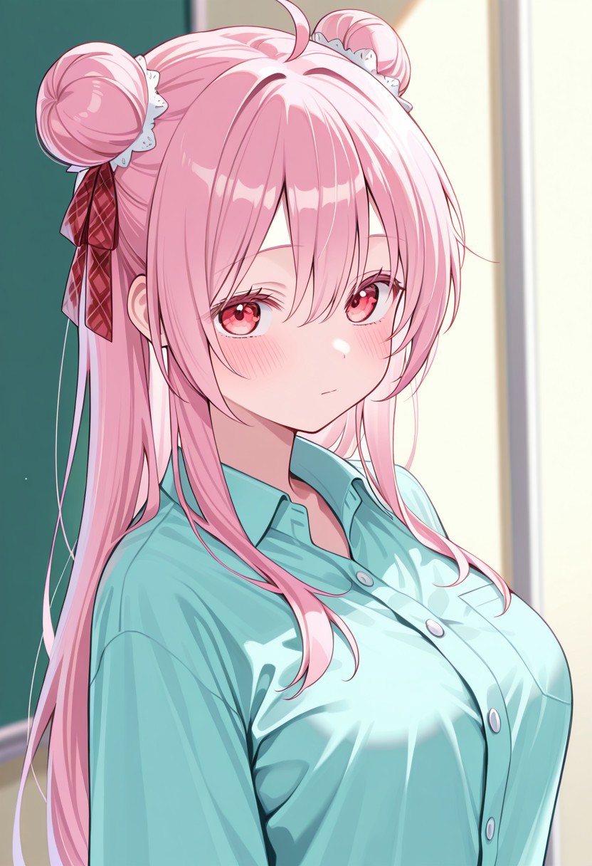 masterpiece, best quality, 32k, high resolution, absurdres, matsuzaka satou, 1girl, solo, looking at viewer, double bun, hair ribbon, shirt, ahoge, blush, closed mouth, plaid ribbon
