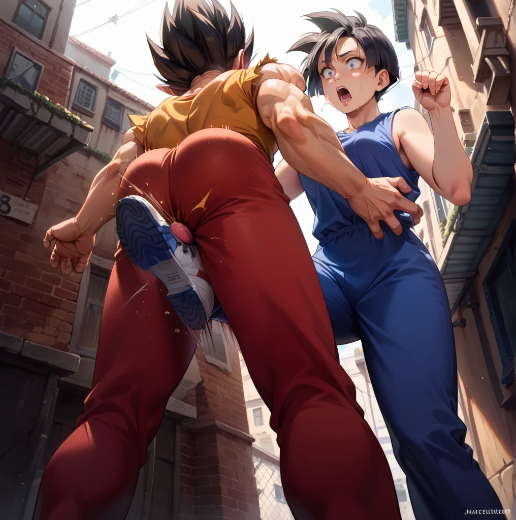 score_9, score_8_up, score_7_up, best quality, masterpiece, source_anime, rating_safe , zPDXL2, BREAK, 1boy, shocked, pain, open mouth ,crotch kick, kicking male ,ballbusting, knee kick, back alleyway ,<lora:crotch_kick:1.8> vegeta, from below,