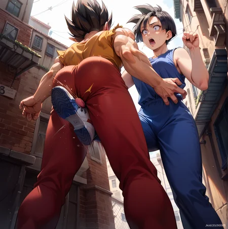 score_9, score_8_up, score_7_up, best quality, masterpiece, source_anime, rating_safe , zPDXL2, BREAK, 1boy, shocked, pain, open mouth ,crotch kick, kicking male ,ballbusting, knee kick, back alleyway ,<lora:crotch_kick:1.8> vegeta, from below,