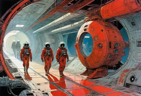 enki bilal, philippe druillet, moebius inspired heavy metal art, cell shading look, drawn with ink, scifi setting, Panoramic shot, two astronauts walk through a circular corridor of a space station, the corridor is shrouded in red light, it is an abandoned space station, there are missing covers on the wall and many cables and hoses can be seen, derelict