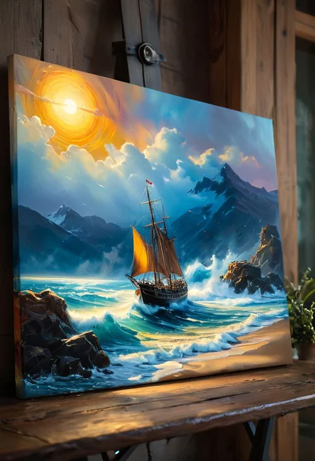 ((best quality)), ((masterpiece)), detailed soft oil painting, detailed background, dramatic cinematic lighting, soft edge lighting, professional, dramatic lighting, hard edge lighting,
ultra quality, 4k,(masteriece, best quality, 8k, ultra highres, highres:1.4), extremely detailed,
The lonely sail turns white
In the blue sea fog!..
The waves are playing, the wind is whistling,
And the mast bends and creaks...
Below him is a stream of lighter azure,
Above him is a golden ray of sun...
by Vasnetsov, by Surikov, by Rimsky-Korsakov,
<lora:sxz-slavic-fantasy:0.7>