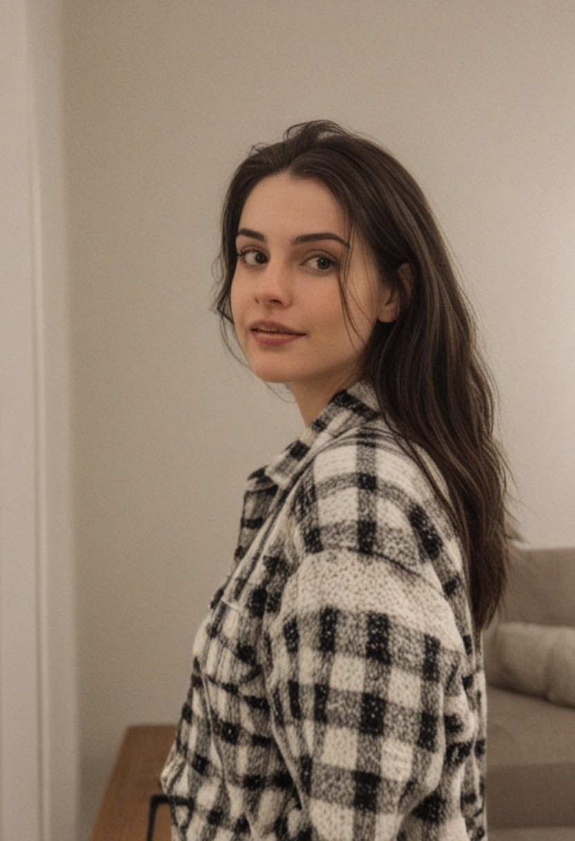 30yo woman wearing Plaid Polar Fleece Shacket with white textures 
long black dark hair slick back and smooth. Kissface. 
smile. Looking at camera. POV.
happy. 
Living room. Fully furnished.
Night time.
Portrait.