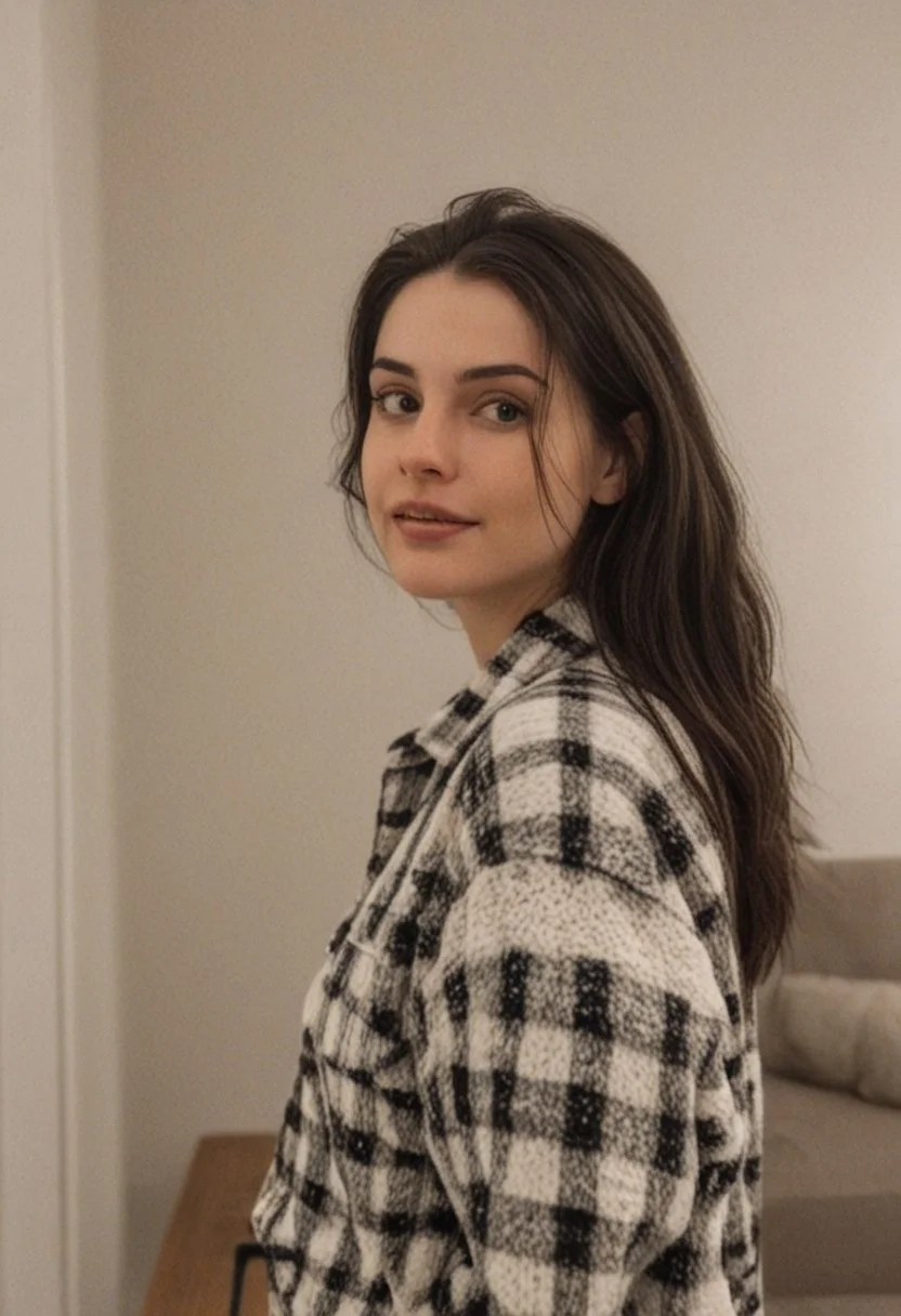 30yo woman wearing Plaid Polar Fleece Shacket with white textures
long black dark hair slick back and smooth. Kissface.
smile. Looking at camera. POV.
happy.
Living room. Fully furnished.
Night time.
Portrait.
