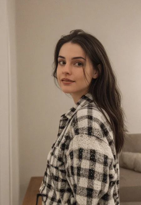 30yo woman wearing Plaid Polar Fleece Shacket with white textures
long black dark hair slick back and smooth. Kissface.
smile. Looking at camera. POV.
happy.
Living room. Fully furnished.
Night time.
Portrait.