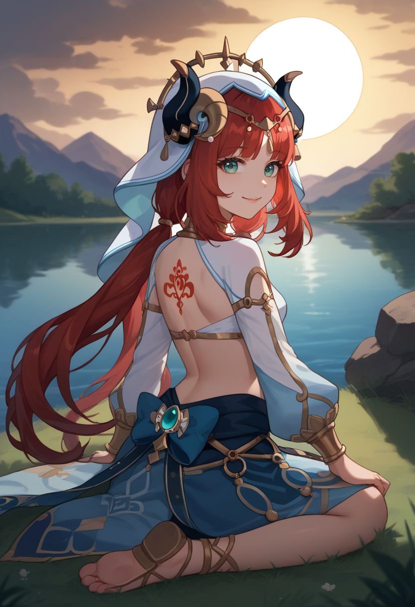 score_9, score_8_up, score_7_up, source_anime, 1girl, niloudef, red hair, long hair, aqua eyes, parted bangs, low twintails, medium breasts, fake horns, circlet, white headwear, white veil, jewelry, neck ring, harem outfit, detached sleeves, puffy long sleeves, crop top, gold trim, blue skirt, brooch, bracer, thighlet, vision \(genshin impact\), gladiator sandals, from behind, back, back tattoo, looking back, wariza, kneeling, smile, looking at viewer, outdoors, lake, sun, grass, cowboy shot, <lora:Nilou_v1-000007:1>