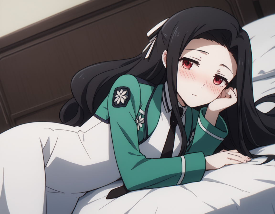 score_9, score_8_up, score_7_up, source_anime,
mayumisaegusa, <lora:mayumi-saegusa-s2-ponyxl-lora-nochekaiser:1>,
mayumi saegusa, long hair, black hair, red eyes, ribbon, hair ribbon,
long sleeves, dress, school uniform, pantyhose, necktie, white dress, black necktie,
indoors, bed, bed room, on side, blush, drunk,
solo, dutch angle, looking at viewer, cowboy shot,