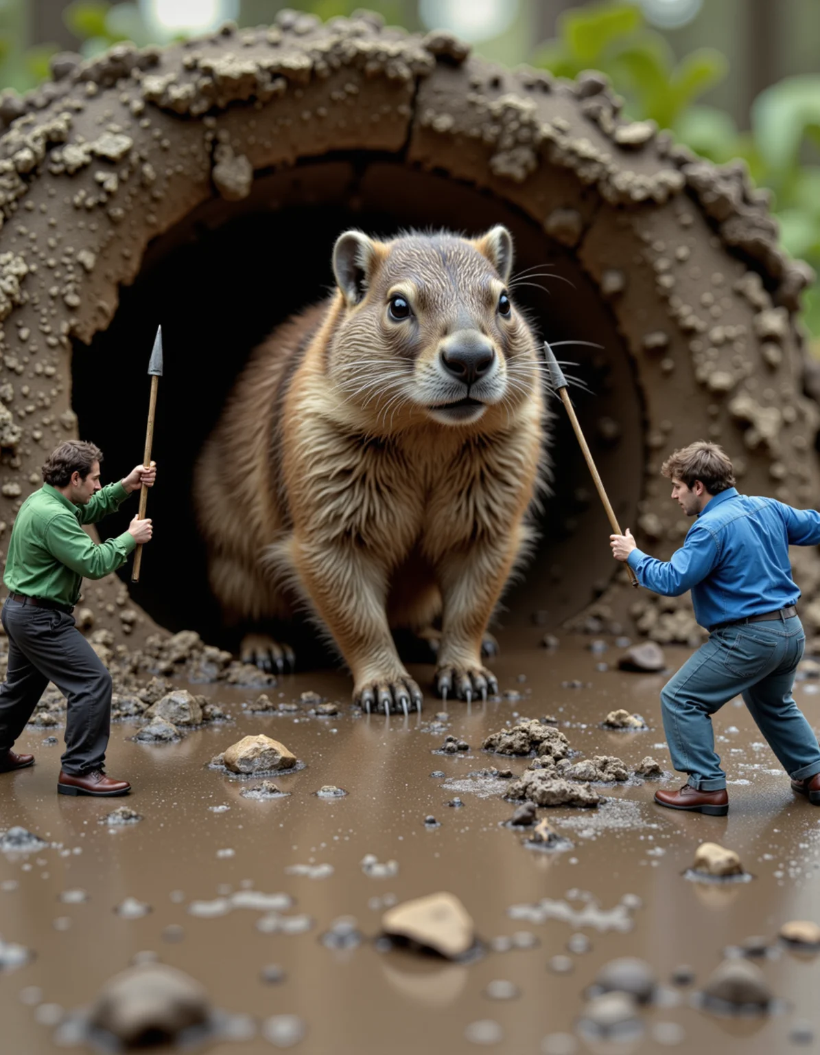 raw photo, two 1 inch tiny miniature men with sticks as spears, defending against a groundhog exiting it's hole, groundhog towers above them, one man is wearing green shirt and black pants and the other a blue shirt and jeans