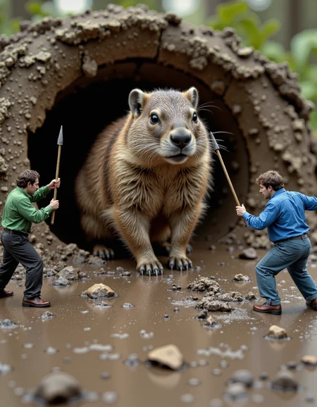 raw photo, two 1 inch tiny miniature men with sticks as spears, defending against a groundhog exiting it's hole, groundhog towers above them, one man is wearing green shirt and black pants and the other a blue shirt and jeans