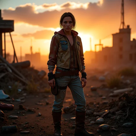 In a world where civilization has fallen, a retro-styled post-apocalyptic survivor stands tall amidst the ruins, forever frozen in an intense and highly detailed HDR photograph. As the sun sets, volumetric lighting casts deep, clear shadows and highlights across the wasteland, creating an atmospheric and moody image. The survivor's clothing, a patchwork of rugged, weathered fabrics, hints at a past life now faded and tattered. Their stance exudes a sense of determination and strength in the face of adversity, embodying resilience and defiance in a world where survival is a daily struggle. The vivid colors and realistic textures of the scene capture the essence of a world forever changed by catastrophe, while the survivor remains a beacon of hope, their image a hauntingly beautiful portrait of life in a post-apocalyptic world. <lora:flux_trainer/postApocalypse_v1_rank64_bf16:0.8>, <lora:flux/Sinfully_Stylish_.02_for_FLUX-000002>, <lora:flux/aidmaImageUpgrader-FLUX-V0.1>, detailmaximizer, <lora:flux/perfection style v1>, perfection style,