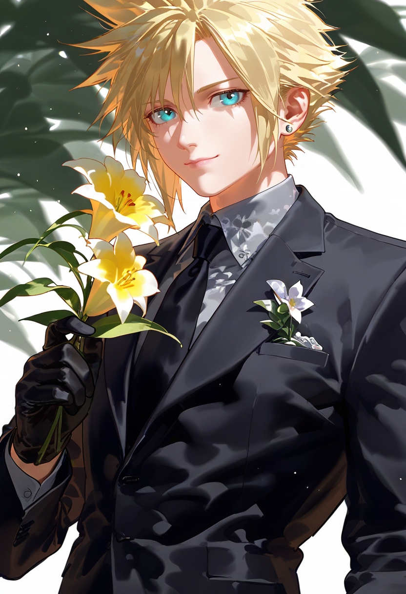 1boy, male focus, cloud strife, final fantasy, final fantasy vii, final fantasy vii remake, aqua eyes, black jacket, black necktie, black suit, blonde hair, closed mouth, collared shirt, earrings, flower, grey shirt, hair between eyes, holding, holding flower, jacket, jewelry, lily \(flower\), long sleeves, looking at viewer, necktie, shirt, short hair, single earring, solo, spiked hair, suit, suit jacket, upper body, yellow flower, parted bangs, pink lips, white background, black gloves, floral print, gloves, tassel earrings, wing collar, light particles, blue eyes, smile, hand up, official alternate costume, turtleneck, simple background, tassel, dress shirt, formal<lora:nyaliaXL_NB11_lokr_V531:0.95>