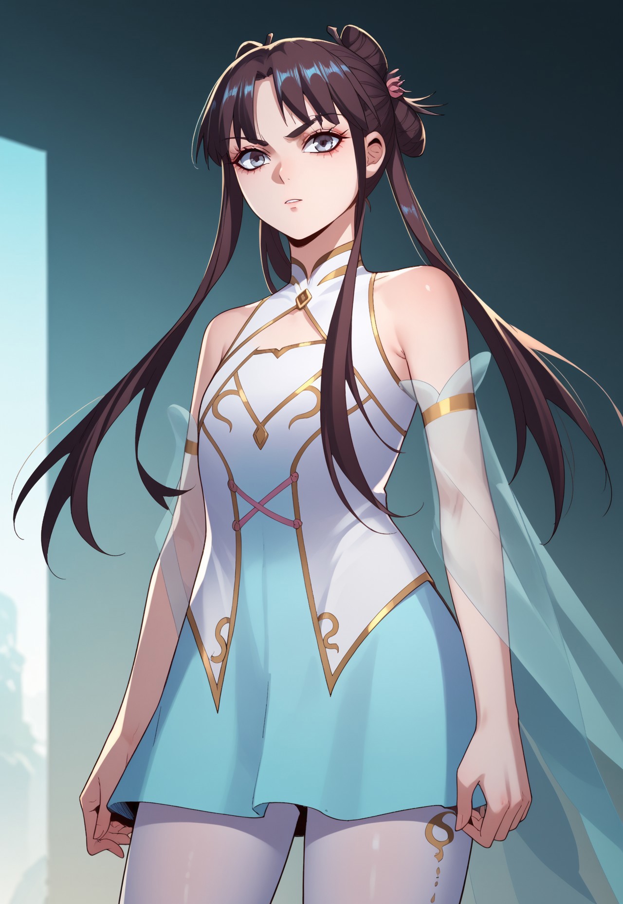 zPDXL3, score_9_up, score_8_up, score_7_up, Anime_source, solo, GuXian’er, light blue eyes, dark brown hair, long hair, odango hair, martial art uniform, looking at viewer, Cowboy shot, standing on temples