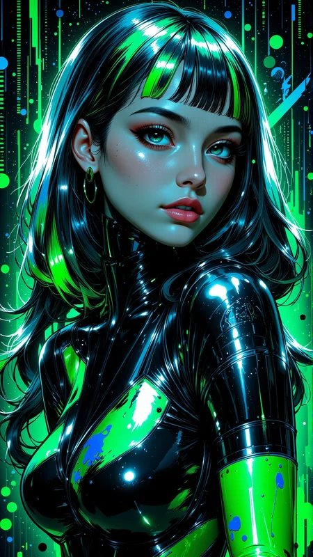 A futuristic sci-fi portrait of a woman in holographic brush strokes with metallic splashes, using chrome silver, deep navy, and bright green, against a high-tech digital backdrop,in the style of Jed-clrfl, <lora:FluxDFaeTasticDetails:0.5>, <lora:flux-colourful:0.5>, <lora:ILPonyMixv2:1>