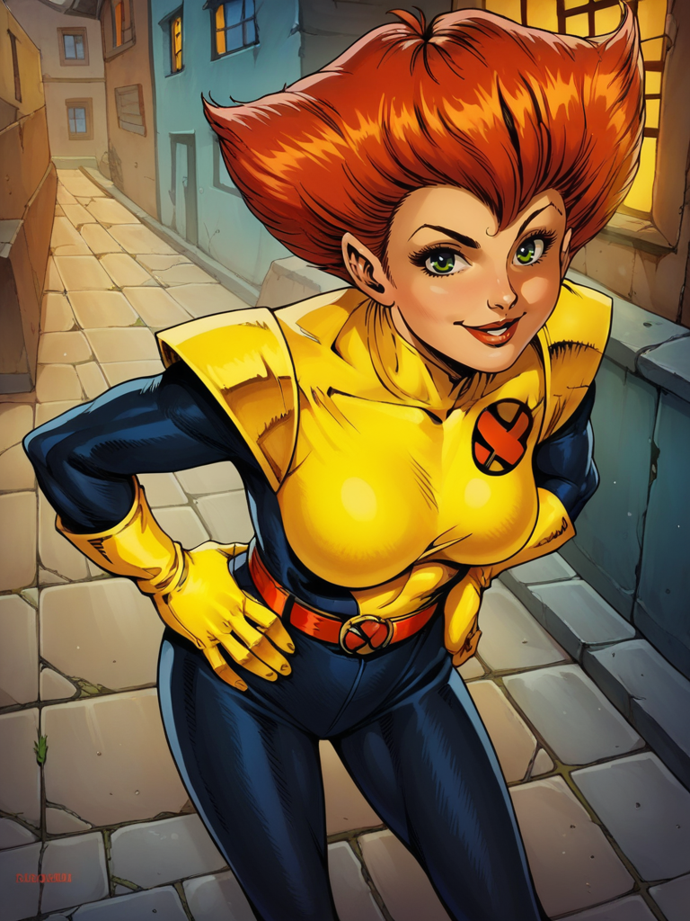 score_9, score_8_up, score_7_up, 1girl leaning forward, hands on hips, sexy, dynamic pose, smile, cute pose, solo, detailed background, looking at viewer, wide shot, from above, cowboy shot, city,  
 <lora:Wolfsbane_character:1>, WolfsbaneXLP, short hair, red hair, green eyes, bodysuit, black legwear, red belt, yellow gloves, retro artstyle,