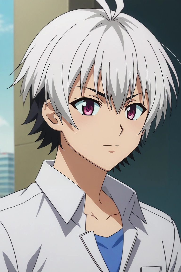score_9, score_8_up, score_7_up, source_anime, rating_safe, intricate details, anime screencap, , official style, , depth of field, 1boy, solo, male focus, <lora:ren_elsie_jewelria_pony:1>, ren_elsie_jewelria, white hair, purple eyes, short hair, two-tone hair, multicolored hair, black hair, , , <lora:sdxl_lightning_8step_lora:1>