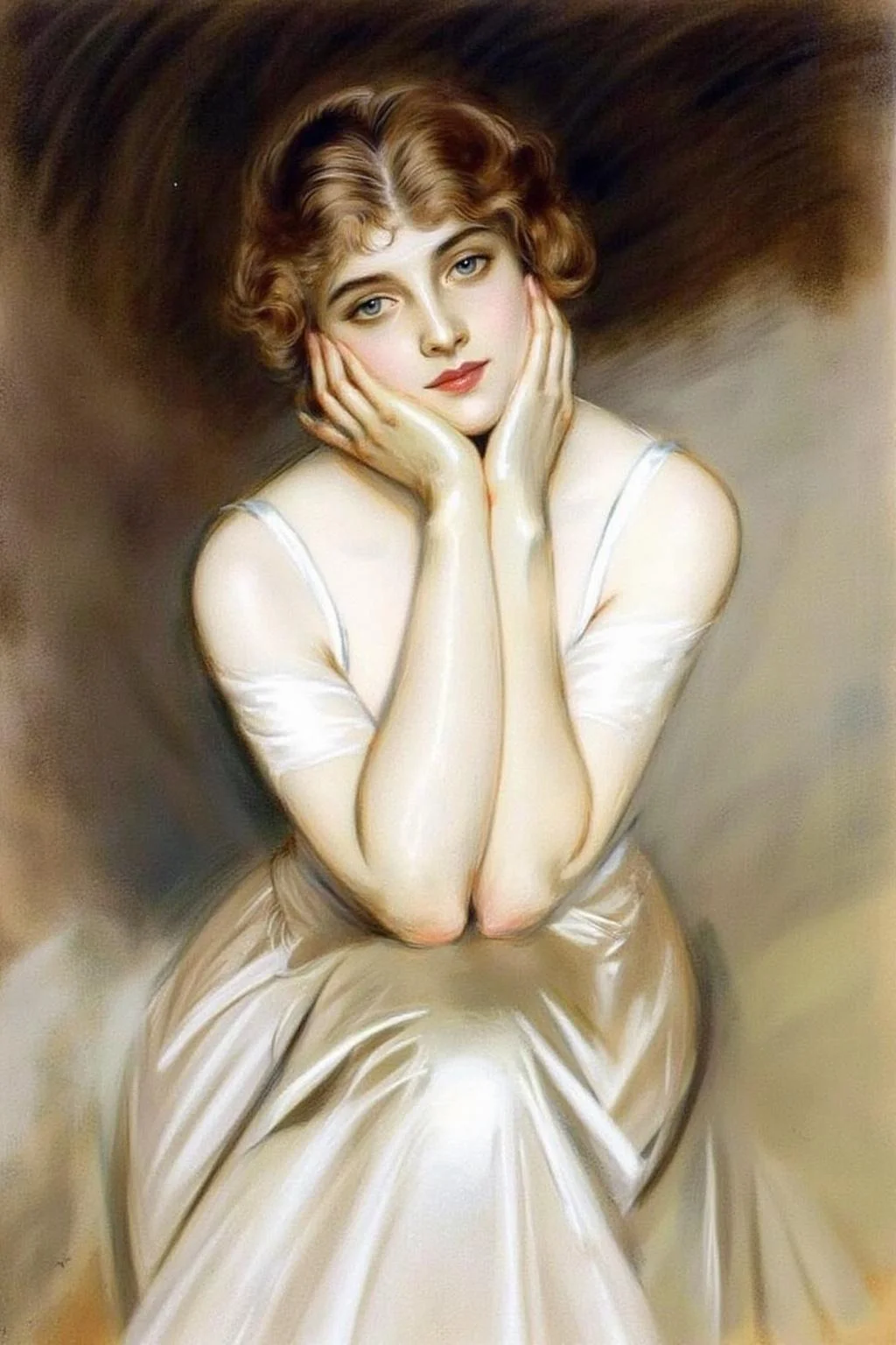 paulcesarhelleu1 illustration.
A woman with blue eyes, light brown hair styled in soft curls, sits with her hands resting on her face, creating a contemplative expression. She wears a sheer, white dress that subtly reveals her form.
<lora:paulcesarhelleu1_cap_d6a3e11:1.0><lora:844395295140748976:0>