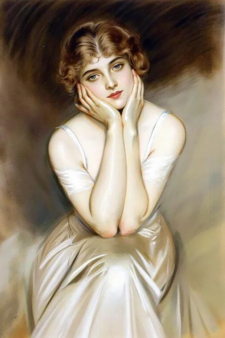 paulcesarhelleu1 illustration.
A woman with blue eyes, light brown hair styled in soft curls, sits with her hands resting on her face, creating a contemplative expression. She wears a sheer, white dress that subtly reveals her form.
<lora:paulcesarhelleu1_cap_d6a3e11:1.0><lora:844395295140748976:0>