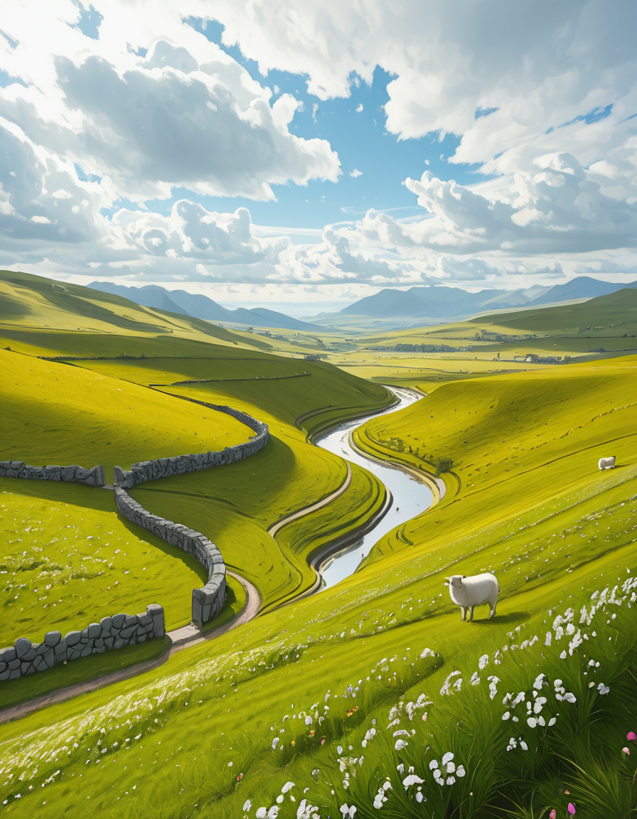 A breathtaking, high-resolution photograph of the rolling plains of Ireland, stretching endlessly under a vast, cloud-streaked sky. The landscape is a lush, vibrant green, with gentle hills covered in soft grass and dotted with scattered wildflowers. Ancient stone walls and winding dirt paths cut through the fields, marking old farmland boundaries. In the distance, a few solitary sheep graze peacefully, their white wool contrasting against the emerald grass. A small, clear river meanders through the valley, reflecting the soft light of the sky. The horizon is framed by low, misty mountains, adding depth and mystery to the scene. Above, the sky is a mix of bright blue and fluffy white clouds, casting dynamic shadows across the landscape as beams of sunlight break through. The atmosphere is serene, timeless, and rich with the natural beauty of the Irish countryside.
<lora:SDXLFaeTastic2400:0.4> <lora:extremely_detailed:0.4> extremely detailed,rolling plains of 1r3l4nd, <lora:rolling_plains_of_1r3l4nd-i:1>, Masterpiece,best quality,hi res,8k,hi res,8k,award winning,(sharp focus, intricate, highly detailed),