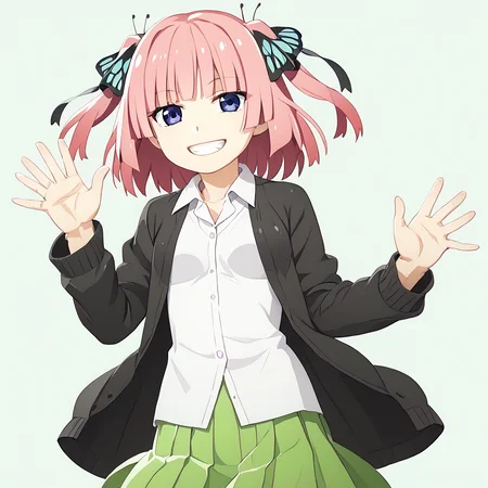 <lora:watanabeakio:2.5>watanabe akio, poyoyon rock,watanabeakio,,score_9,score_8_up,score_7_up, score_6_up, <lora:nino-nakano-pruned-ponyxl-lora-nochekaiser:0.5> 1girl,solo,nino nakano, short hair, bangs, blue eyes, hair ornament, hair ribbon, pink hair, blunt bangs, two side up, butterfly hair ornament,, nino nakano, long hair, bangs, blue eyes, hair ornament, hair ribbon, pink hair, blunt bangs, two side up, butterfly hair ornament,, skirt, shirt, long sleeves, white shirt, pleated skirt, open clothes, collared shirt, sleeves past wrists, dress shirt, cardigan, green skirt, open cardigan, black cardigan,smile,grin,close-up,waving hand,narrowed eyes