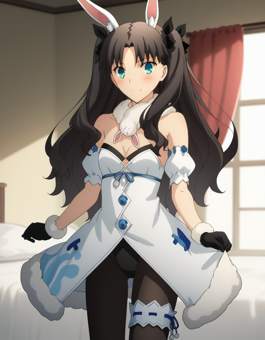 score_9, score_8_up, score_7_up, source_anime, rintohsaka, <lora:rin-tohsaka-ubw-ponyxl-lora-nochekaiser:1>, rin tohsaka, aqua eyes, black hair, hair ribbon, long hair, ribbon, sidelocks, two side up, parted bangs,, <lora:pekora-usada-cosplay-ponyxl-lora-nochekaiser:1>, pekorausadacosplay, usada pekora \(cosplay\), rabbit ears, animal ears, animal ear fluff, strapless, strapless dress, white dress, black gloves, black pantyhose, bow, bridal garter, detached sleeves, dress, fur scarf, fur trim, fur-trimmed dress, fur-trimmed gloves, gloves, pantyhose, puffy detached sleeves, puffy sleeves, red bow,,, bed room, smile, blush, v,, cowboy shot, dutch angle, solo,