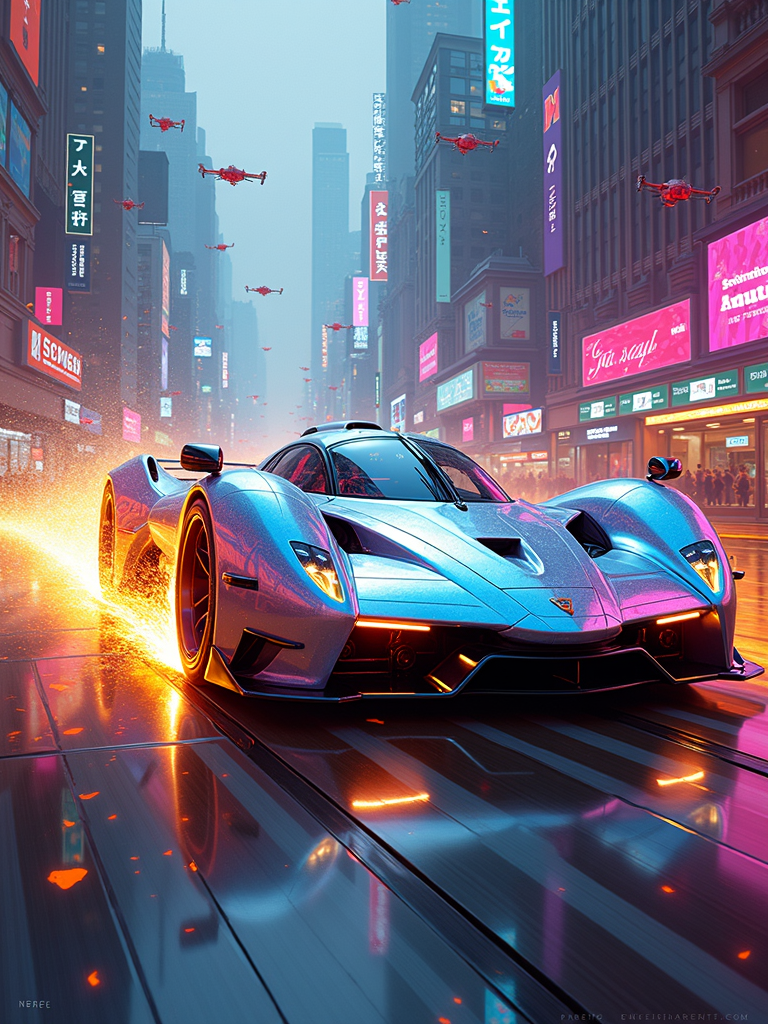 The painting is rendered in an exaggerated, hyper-stylized sci-fi style. The brushstrokes are bold and dynamic, creating a sense of speed and energy. The colors are a vivid explosion of neon and metallic hues, with a constant play of light and shadow. The texture is a combination of smooth surfaces and sharp edges, giving a sense of high-tech and futuristic design.
Scene Description: In the center of a chaotic urban landscape, a sleek and powerful sports car blazes a trail of light. The car is a work of art, with a streamlined body that seems to be made of liquid metal. Its surface is covered in thousands of tiny reflective panels that catch and refract the light in a dazzling display. The car's tires are massive, with glowing treads that leave trails of fire as it speeds through the city. The background is a cityscape of towering skyscrapers and neon signs, all bathed in a kaleidoscope of colors. Flying vehicles and drones buzz around the car, adding to the chaos and excitement.
Composition: The sports car is the focal point of the painting, positioned diagonally across the canvas to create a sense of movement. The cityscape and flying objects frame the car, leading the eye around the scene. The composition is asymmetric and full of energy, with no clear center but a constant flow of action.
Color Palette: The colors are a vivid mix of electric blues, purples, pinks, and golds. The car is a combination of metallic silver and neon accents, while the cityscape is a riot of colors. The light reflected by the car's panels creates a rainbow of hues that add to the visual impact.
Light and Shadow: A harsh, bright light shines on the car from multiple angles, creating deep shadows and highlighting the reflective surfaces. The cityscape is bathed in a soft glow of neon lights and holographic projections, creating a contrast between the bright and the dark. The light and shadow add drama and intensity to the scene.
Detail: Every aspect of the painting is filled with intricate details. The car's body is covered in tiny mechanical parts and symbols, while the reflective panels are highly detailed and show a distorted view of the surrounding city. The cityscape is filled with small details such as people, signs, and flying objects, all adding to the sense of chaos and excitement.