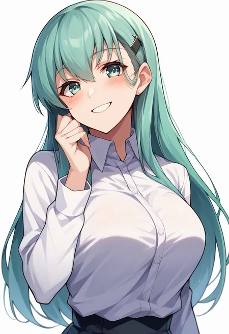 score_9, score_8_up, score_7_up, source_anime, suzuya (kancolle), 1girl, hairclip, solo, looking at viewer, blush, large breasts, smile, shirt, long sleeves