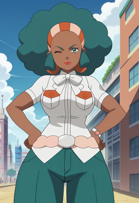 score_9, score_8_up, score_7_up, score_6_up, anime screencap, anime coloring, <lora:PMLenora_epoch_9:0.8>, PMLenora, dark skin, green eyes, eyelashes, green hair, big hair, afro, hairband, lipstick, large breasts,
white shirt, pocket, short sleeves, white bow, bowtie, green pants, belt,
standing, looking at viewer, one eye closed, hand on own hip, cowboy shot, 
BREAK, cityscape, blue sky, cloud,
