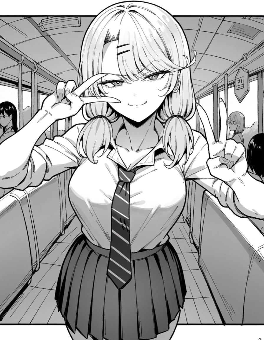 score_9, score_8_up, score_7_up, source_anime, <lora:ria-nishizono-manga-ponyxl-lora-nochekaiser:1>, ria nishizono, monochrome, greyscale, twintails, hair ornament, large breasts, hairclip, low twintails, long hair,, skirt, necktie, school uniform, pleated skirt, cleavage, shirt, miniskirt, bus stop, waiting, commuter, smartphone, checking time, cold morning, , looking at viewer, v, v over mouth, smug,, solo,, cowboy shot, dutch angle