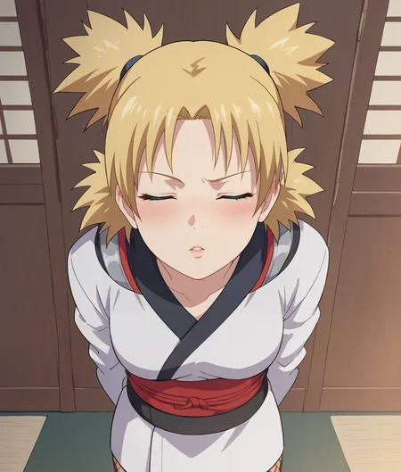 score_9, 1girl,solo, <lora:Incom_Pony:0.6> incom, closed eyes, facing viewer, parted lips,cowboy shot,face focus,from above, <lora:Temari_Pony:0.8> tr, blonde hair, quad tails, blue eyes, fishnets, long sleeves, fingerless gloves, japanese clothes,raised eyebrow, arms behind back,blush,