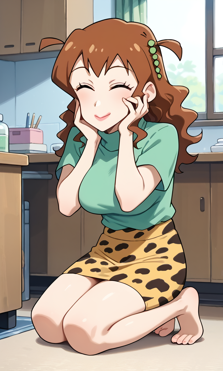 1girl, (solo:1.3), (score_9, score_8_up, score_7_up, score_6_up, score_5_up, score_4_up), (source_anime), rating_questionable, (full body:1.3), 
 <lora:kutsuzoko_v1:0.8> (kutsuzoko, blown eyes, pupils, long hair, brown hair, wavy hair, hair ornament, lips, lipstick), (large breasts),
 (kzak-tneck, green turtleneck, animal print skirt, leopard print skirt, yellow skirt, miniskirt, pencil skirt, barefoot), indoors, (seiza:1.3), smile, ^ ^,  closed eyes, closed mouth, hand on own face,