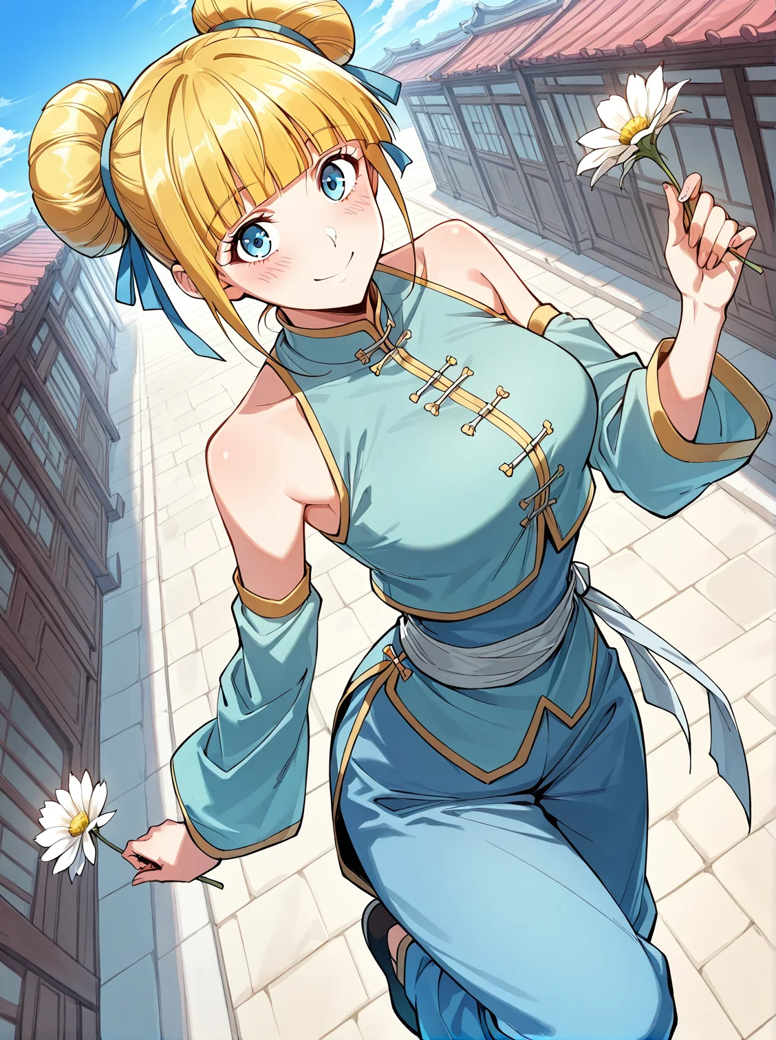 <lora:Meng_Wu:1>
1 girl, solo, blue eyes, blonde hair
chinese clothes, blint bangs, bare shoulders, detached sleeves, hair bun, double bun, blunt bangs, blue pants, baggy pants
score_9, score_8_up, score_7_up, very aesthetic, source_anime, detailed, high quality, beautiful, masterpiece, detailed eyes, highres, best quality, masterpiece, outdoors, looking at viewer, blush, smile, holding flower, from above, floating, blue sky