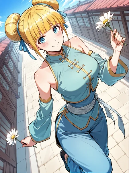 <lora:Meng_Wu:1>
1 girl, solo, blue eyes, blonde hair
chinese clothes, blint bangs, bare shoulders, detached sleeves, hair bun, double bun, blunt bangs, blue pants, baggy pants
score_9, score_8_up, score_7_up, very aesthetic, source_anime, detailed, high quality, beautiful, masterpiece, detailed eyes, highres, best quality, masterpiece, outdoors, looking at viewer, blush, smile, holding flower, from above, floating, blue sky
