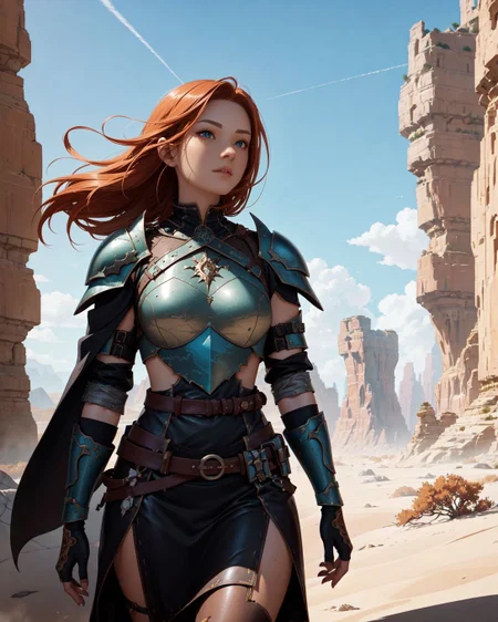 (anime concept art, style of Loish, style of Ross Tran, illustrated, highly detailed, fantasy art, digital painting, concept art, matte painting, cinematic:1.5), solo female rogue, walking down a desert deep ravine, sun-baked rocky cliffs towering on either side (desert ravine:1.2), rugged sandstone formations, narrow pathway with jagged rocks (rocks:0.8), shadows from cliffs casting long dark lines across the ground (shadows:1), worn leather armor with intricate patterns, daggers strapped to her belt glinting in the sunlight (leather armor:1.3), cloak billowing slightly in the dry wind (cloak:1), intense gaze scanning the surroundings, one hand resting on the hilt of a dagger, tattered map tucked into her belt (map:0.8), fine dust trailing behind her with each step (dust:1), distant vultures circling overhead (vultures:0.7), sunlight casting harsh highlights on her weathered face, desert landscape barren and unforgiving, occasional scattered rocks (environment:0.9), high noon sun burning down from a clear blue sky (sky:1), dramatic lighting emphasizing the contrast between light and shadow in the ravine (lighting:1.2), subtle tension in her posture, ready for an ambush (tension:1), heat haze shimmering in the distance (heat haze:0.8) , Marsaili_v1