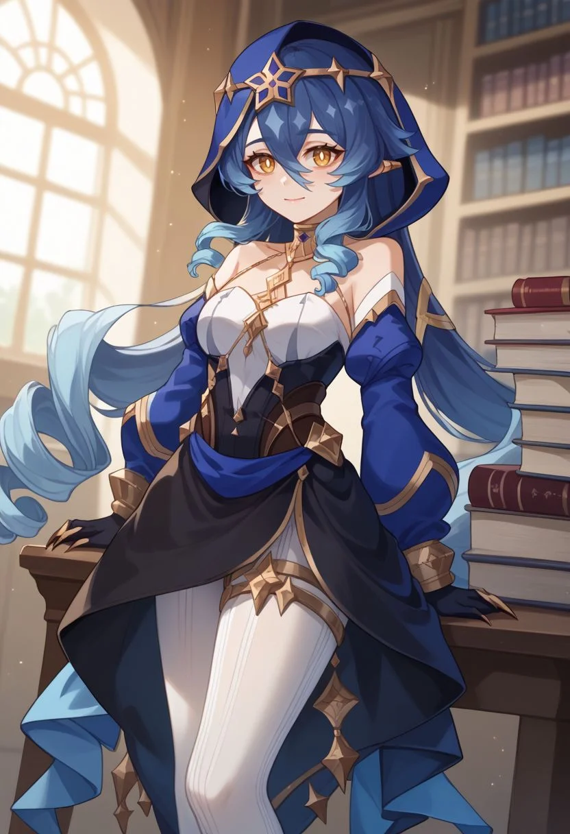 score_9, score_8_up, score_7_up, source_anime, 1girl, layladef, blue hair, yellow eyes, drill hair, hair between eyes, drill sidelocks, twin drills, pointy ears, blue hood, jewelry, neck ring, bare shoulders, detached sleeves, juliet sleeves, puffy long sleeves, claw ring, black gloves, white pantyhose, bags under eyes, thighlet, light smile, standing, looking at viewer, indoors, library, <lora:Layla_v1-000010:1>