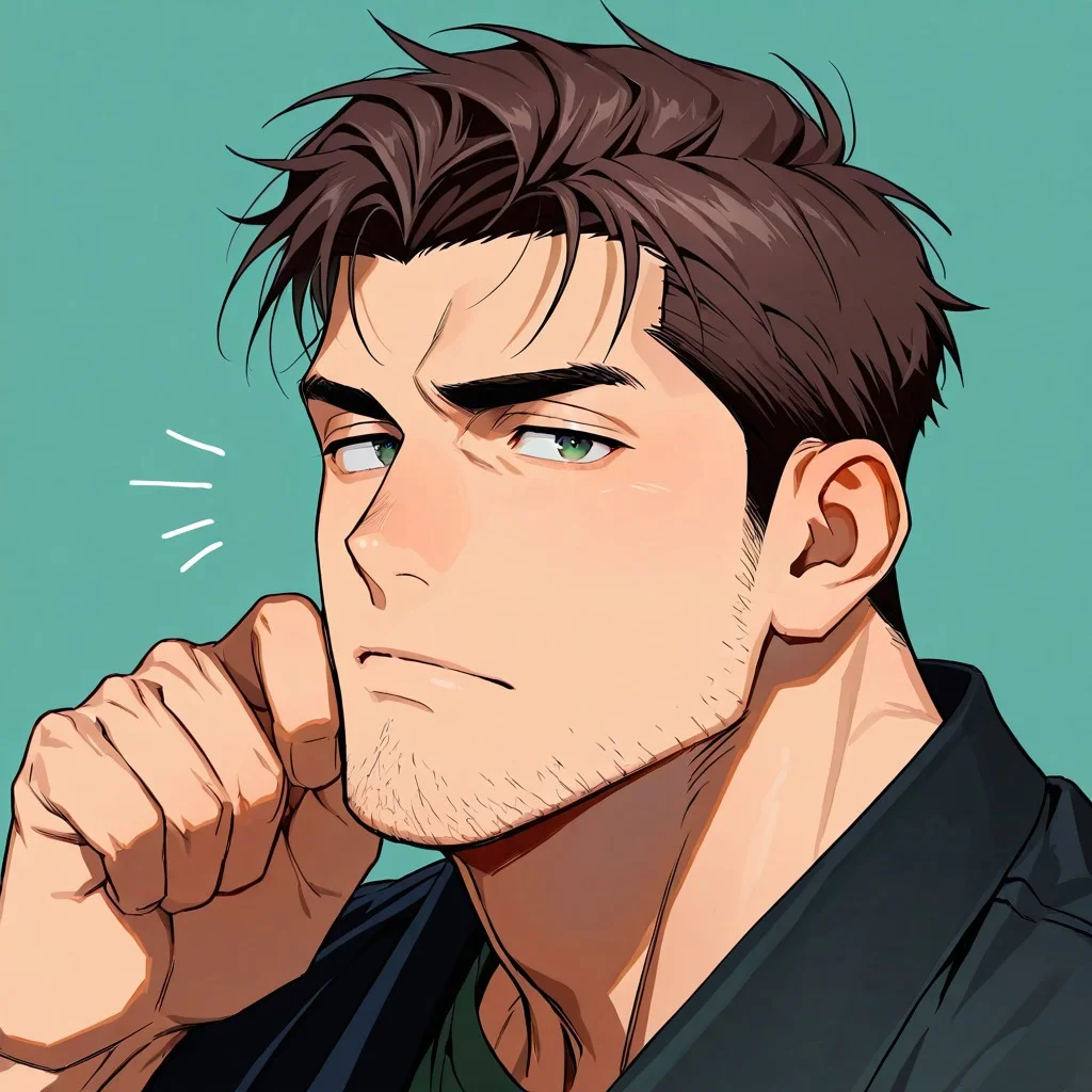score_9,score_8_up,score_7_up, score_9, score_8_up, Intricate Details, Masterpiece, Best Quality, 1man, mature, bara, solo, male focus, correct anatomy, perfect hands, stylized seinen anime style, lots of details, shaded, detailed shading, detailed skin, counter shading, manly face, dark green eyes, striking features, a chiseled jawline and a stubble. His brown hair is short and neat, close up of face