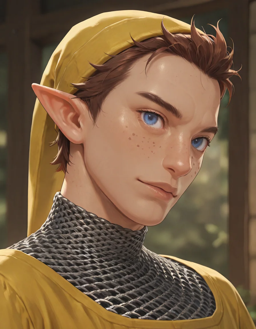 masterpiece, best quality, newest, perfect quality, best quality, detailed background, intricate details, male focus, realistic, <lora:Pipit - Zelda Skyward Sword - Illustrious-000006:0.8> ss_pipit, 1boy, mature male, pointy ears, brown hair, short hair, blue eyes, freckles, yellow hat, yellow tunic, chainmail undershirt, head tilt, looking at viewer, portrait