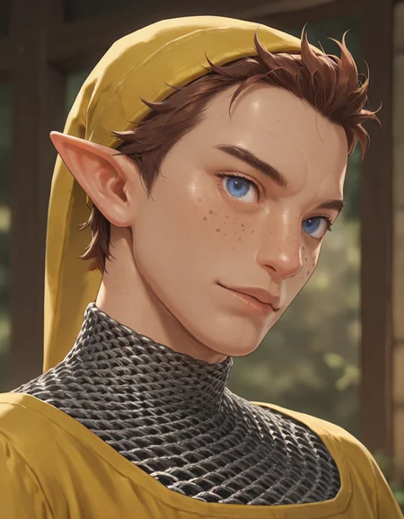 masterpiece, best quality, newest, perfect quality, best quality, detailed background, intricate details, male focus, realistic, <lora:Pipit - Zelda Skyward Sword - Illustrious-000006:0.8> ss_pipit, 1boy, mature male, pointy ears, brown hair, short hair, blue eyes, freckles, yellow hat, yellow tunic, chainmail undershirt, head tilt, looking at viewer, portrait