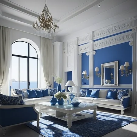<lyco:Greek_style_interior_design_Sa_May:1.0> Greek style interior design of living room
