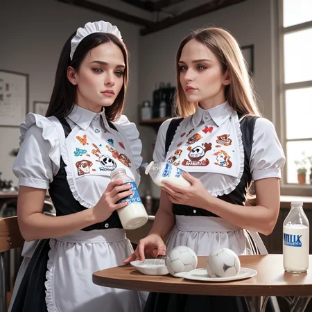 score_7_up, score_8_up, score_9, realistic, studio lighting, best quality, 2girls, maid, drinking milk, juice bottle, bib,  football terrain