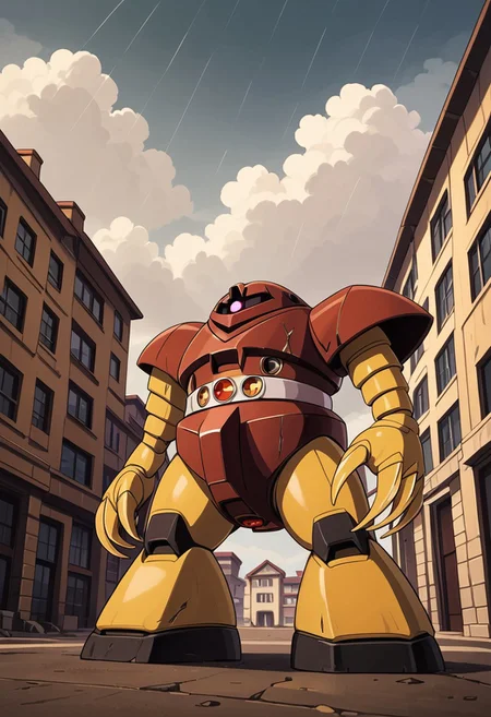 score_9, score_8_up, score_7_up, source_anime, cowboy shot, side view, dutch angle from below, BREAK, ( gogg, pink monoeye, looking up and to the side, walking out from behind a building, claw digging into building, particle cannons on belt lit and about to fire, ) 1mech, mech focus, solo, BREAK, city, ruins, overcast, cloudy sky, rain clouds, broken concrete, dirty,