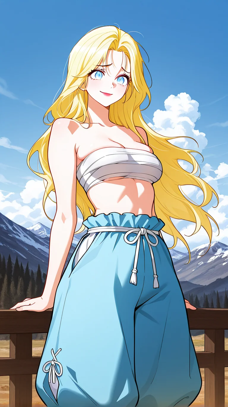 masterpiece,best quality,amazing quality, newest, high res, clean lines, thick lines
1girl, solo, il_elena, blue eyes, blonde hair, long hair, medium breasts,
lipstick, chest sarashi, blue pants, puffy pants, furrowed brow, smile, mountains, clouds, blue sky