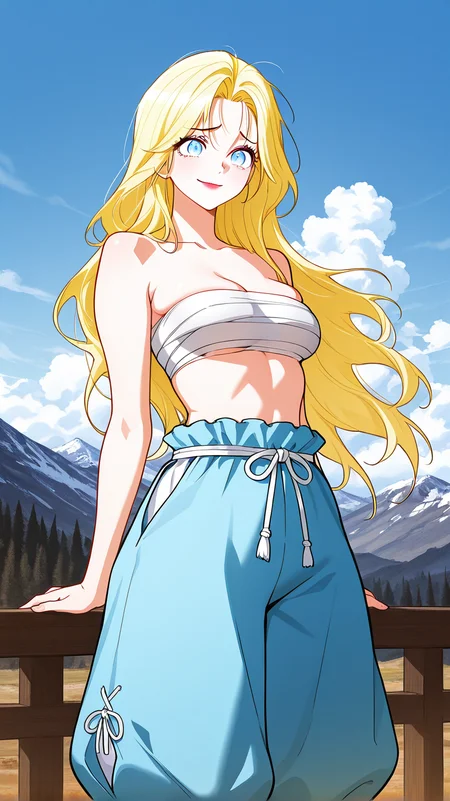 masterpiece,best quality,amazing quality, newest, high res, clean lines, thick lines
1girl, solo, il_elena, blue eyes, blonde hair, long hair, medium breasts,
lipstick, chest sarashi, blue pants, puffy pants, furrowed brow, smile, mountains, clouds, blue sky
